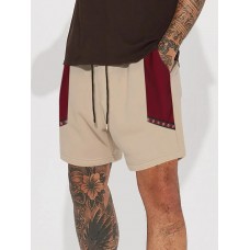 Mens Ethnic Ribbon Color Block Stitching Loose Drawstring Shorts