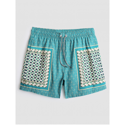Men Elegant Print Patchwork Retro Style Lightweight Thin Drawstring Board Shorts