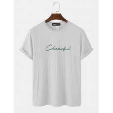 Mens Letter Embroidery Crew Neck Ribbed Short Sleeve T  Shirts