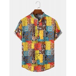 Mens Scarf Print Paisley Spliced Half Collar Short Sleeve Buttons Shirts