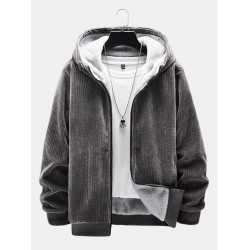 Men Corduroy Plus Velvets Hooded Warm Pure Zipper Retro Jackets