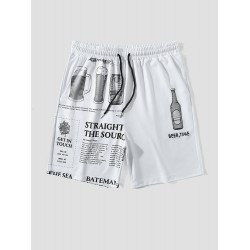 Mens Beers Newspaper Print Loose Drawstring Shorts With Pocket